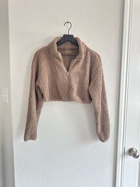 SKIMS Camel Brown Teddy Fleece Cropped Zip Up Jacket Size Small